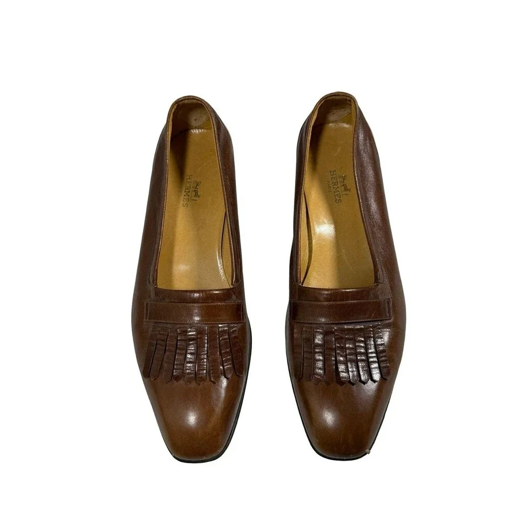 VTG Hermes Brown Leather Loafers Sz 12 Kiltie Fringe Classic Luxury Business